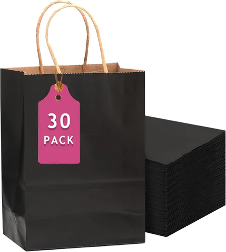 Vista 17 de qiqee Paquete de 26 bolsas de regalo negras con asas a granel de 8.3 x 3 x 6 pulgadas, bolsas de papel kraft de tamaño pequeño para fiestas