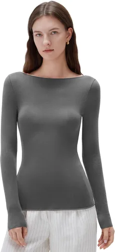 Vista 20 de SUUKSESS - Blusa de manga larga ajustada con cuello barco para mujer, de cachemira como las nubes Negro