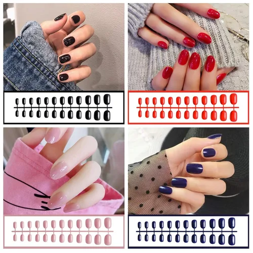 Vista 3 de EBANKU 960 uñas postizas cortas y coloridas para mujer, uñas ovaladas a presión, acrílicas brillantes, cobertura completa, puntas de uñas postizas