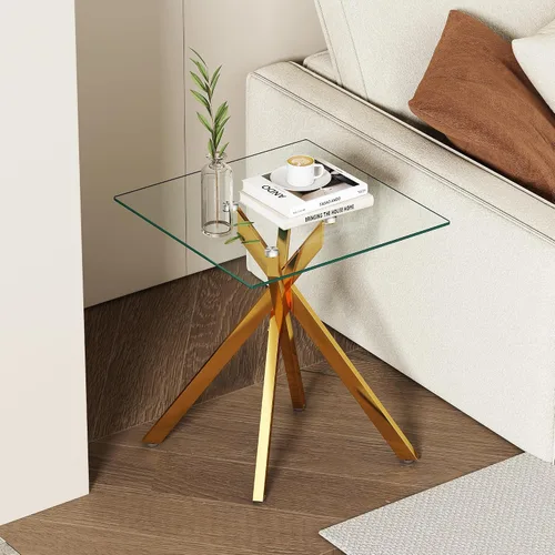 Vista 11 de Mesa auxiliar moderna de cristal, mesa auxiliar cuadrada para sofá, mesa auxiliar negra con parte superior de vidrio templado transparente y patas