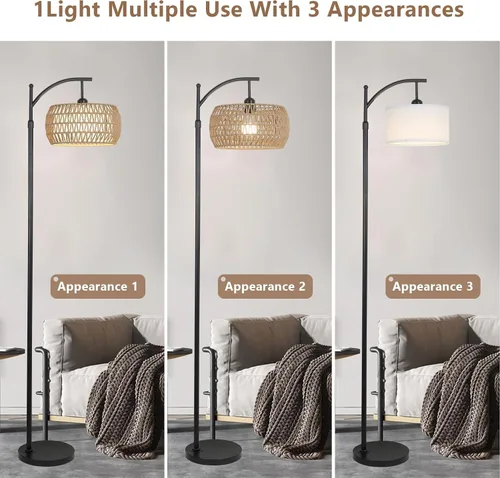 Vista 6 de Lámpara de pie de arco con control remoto, lámpara de pie LED regulable con 3 temperaturas de color, lámpara de pie negra con pantalla de doble