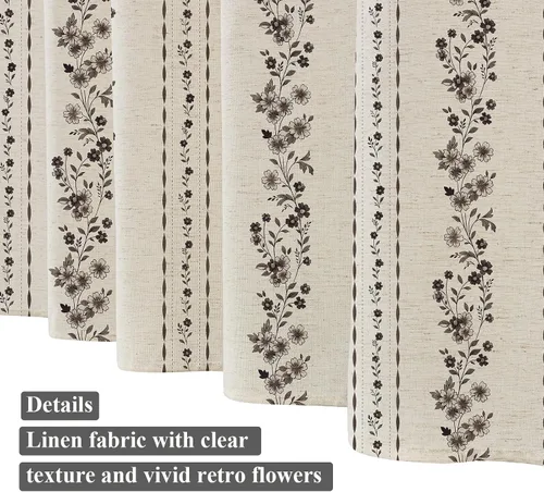 Vista 6 de ORTIGIA Cortinas de ducha negras para baño, juego de cortina de ducha moderna de lino con ganchos de metal, floral, impermeable, vintage, tela