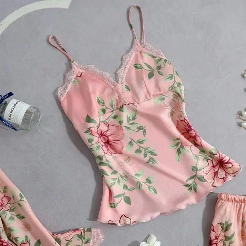 Vista 2 de NSQFKALL Pijama de satén de seda para mujer, conjunto de ropa de dormir, ropa de dormir, bata de vestir con cuello en V, bata sexy de encaje, rosa 2