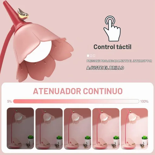 Vista 5 de Lámpara de escritorio rosa con abrazadera, lámpara LED pequeña recargable, cuello de cisne ajustable, regulable, linda para dormitorio de niñas