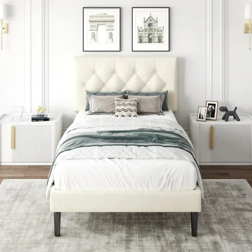 Vista 14 de CXVX Marco de cama de tamaño matrimonial con estructura de plataforma y cabecera tapizada, diseño con botones, listones de madera resistentes,