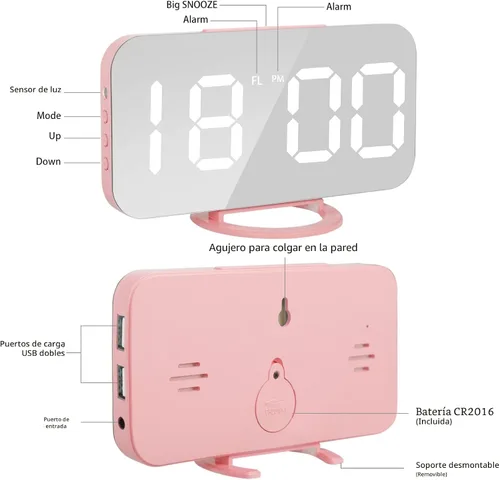 Vista 6 de Lamisola Despertador digital rosa para niñas, gran reloj de escritorio con espejo LED, 2 puertos de carga USB, relojes estéticos y elegantes