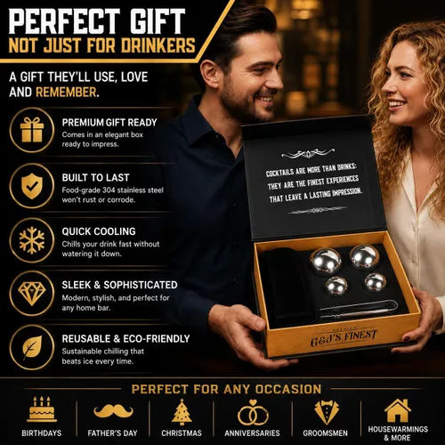 Vista 4 de G&J's Finest Premium - Juego de 4 bolas de acero inoxidable para whisky, 2 bolas extragrandes y 2 de gran tamaño con bolsas para congelador y pinzas
