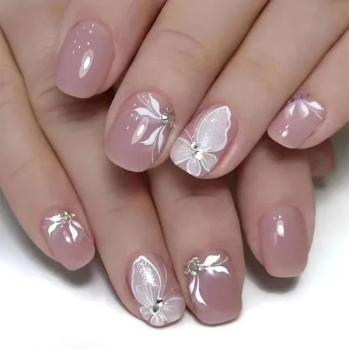 Vista 19 de Uñas postizas a presión de mariposa - Uñas falsas cortas cuadradas con diseños en relieve 3D, punta francesa blanca, acabado mate, acrílico rosa