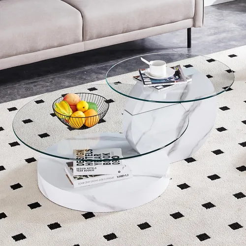 Vista 11 de Ebullient Mesa de centro redonda moderna de cristal, 3 niveles con base de madera, mesa central geométrica para sala de estar, muebles de acento