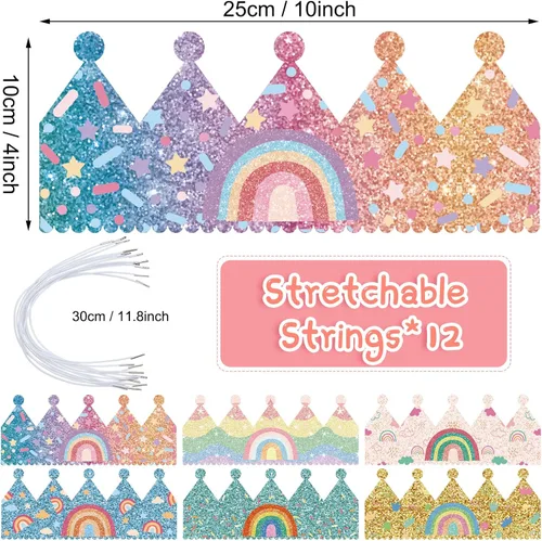 Vista 2 de Kathfly Sombreros de fiesta de cumpleaños arcoíris con corona de arco iris para cumpleaños de niños, eventos, suministros de fiesta temática de arco