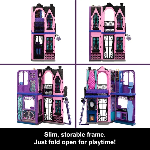 Vista 5 de Monster High Boo-tique Hotel Casa de Muñecas, juego plegable con sorpresas espeluznantes en cada habitación y más de 13 piezas, incluyendo muebles