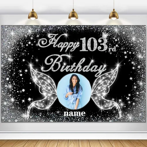 Vista 120 de Cartel personalizado de decoración de fiesta de cumpleaños número 100 - tema de alas de ángel - negro y plateado HY-NLK-100º