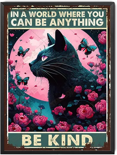 Vista 14 de TSEZLOJH Letrero de metal con diseño de gato negro en un mundo donde puedes ser cualquier cosa ser amable para decoración del hogar, 8 x 12 pulgadas