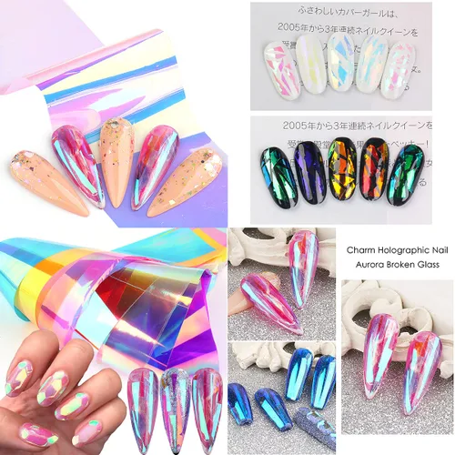 Vista 4 de 10 rollos de papel de vidrio Aurora degradado para arte de uñas, 3D, holográfico, de cristal, efecto de fragmento, efecto de fragmento de espejo