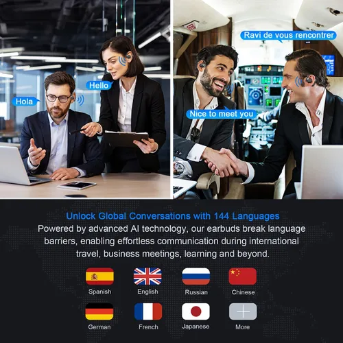 Vista 3 de Auriculares de traducción AI en tiempo real, 144 audífonos de traducción de idiomas para iPhone y Android, auriculares de traducción 3 en 1