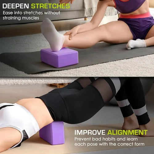 Vista 4 de Bloques de espuma para yoga de ProSource, set de 2, alta densidad, tamaño grande 9 x 6 x 4 pulgadas Púrpura