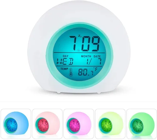 Vista 9 de Wisdom Link Reloj despertador digital para niños, luz nocturna de 7 colores, repetición, detección de temperatura para niños pequeños, niños