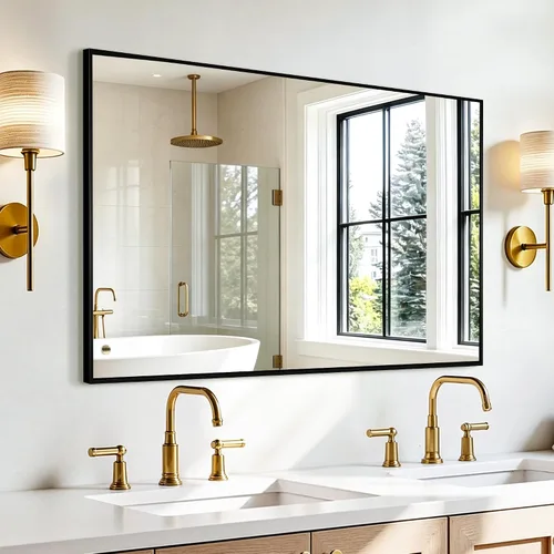 Vista 10 de Espejo rectangular para baño, 30 x 20 pulgadas, marco de metal negro, espejo de pared inastillable HD, para colgar horizontal o verticalmente, fácil