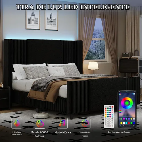 Vista 4 de Lihimte Marco de cama tamaño Queen con cabecera alta y estribo, marco de cama tapizado en bouclé y corduroy con luces LED, marco de cama de Negro