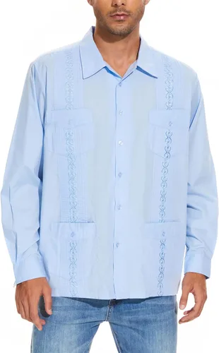 Vista 12 de MAXJON Camisas de guayabera de manga larga para hombre, camisas cubanas