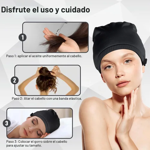 Vista 3 de Paquete de aceite de ricino para la cabeza, elástico y reutilizable, de algodón orgánico para mujeres que duermen, doble capa impermeable para Negro