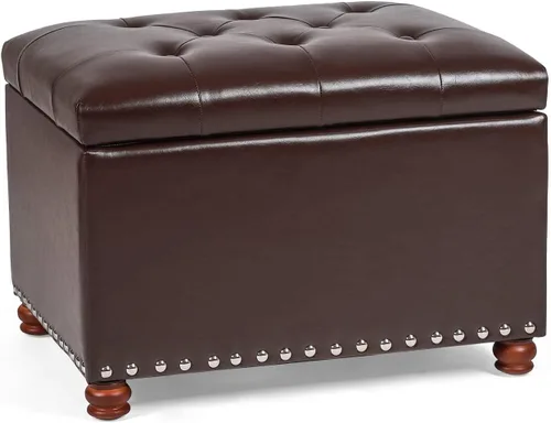 Vista 19 de Adeco Otomana Almacenadora Colorida con Almacenamiento, Otomana de 53 cm de Lino con Reposapiés y Tapa con Bisagra con Patrón de Hojas Azules