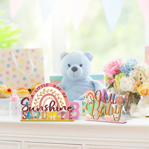Vista 6 de 6 piezas de centros de mesa de madera con arco iris boho, decoración de mesa de arco iris boho, decoración de baby shower de sol para niños y niñas