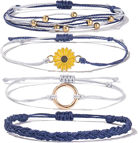 Vista 23 de Pulsera de cuerda trenzada hecha a mano con diseño de girasol para adolescentes y mujeres Beige
