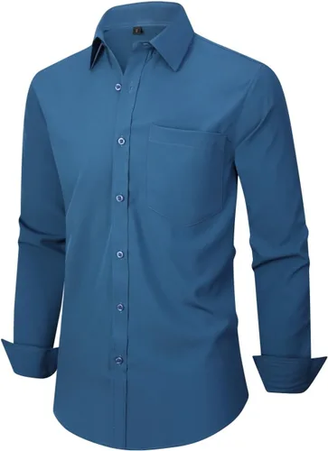 Vista 93 de corfty Camisa de vestir de manga larga para hombre, ajuste regular, elástica, sin arrugas, casual, con botones