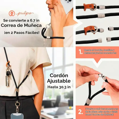 Vista 4 de Pulpo - Cordón antirrobo 2 en 1 para teléfono y correa de muñeca para iPhone y Android, correa ajustable para teléfono celular y correa universal