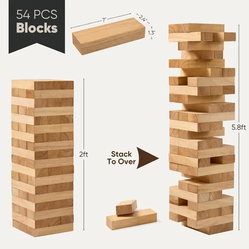 Vista 2 de Juego de torre apilable gigante de más de 5 pies, juego de torre apilable de bloques de madera premium para fiestas familiares, juegos de barbacoa