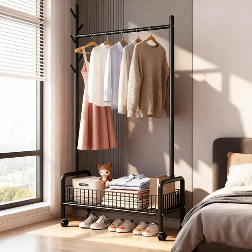 Vista 3 de Perchero con estantes de almacenamiento, perchero resistente con ruedas para dormitorio, sala de estar, organización de lavandería