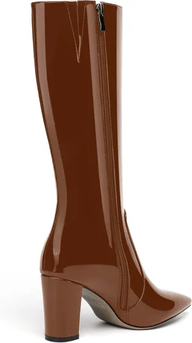 Vista 201 de AMBELIGHT Botas altas hasta la rodilla con cremallera y puntera puntiaguda para mujer, de patente sólida, tacón alto, 3.3 pulgadas