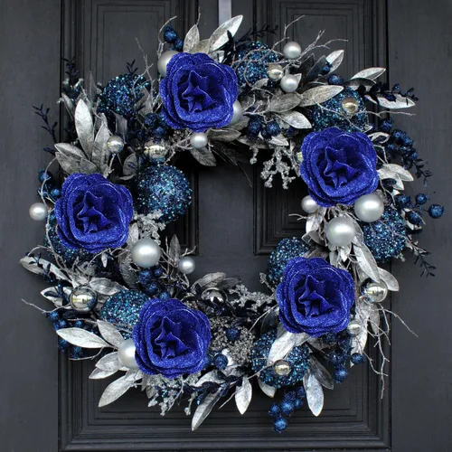 Vista 6 de Rosas artificiales, 30 rosas artificiales de seda con tallos para manualidades, ramo de boda, fiesta, decoración del hogar (azul rey)