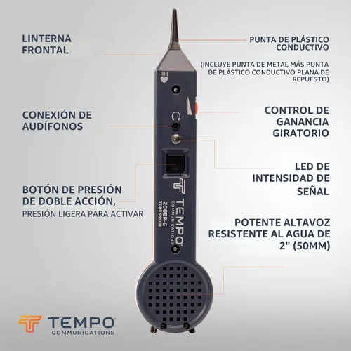Vista 2 de TEMPO 200EP-G trazador de cables profesional con sonda, conector para auriculares, linterna, LED, punta conductora, toner de cables y rastreador