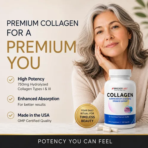 Vista 3 de Bricker Labs Colágeno para hombres y mujeres - Suplemento de colágeno hidrolizado tipo I, III, 750 mg, 1 cápsula de colágeno diaria - 120 porciones