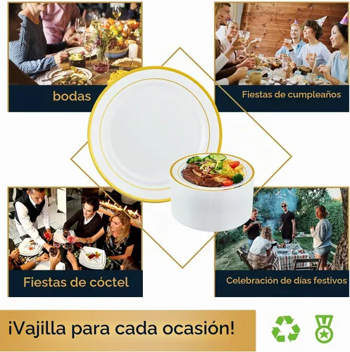 Vista 5 de Vplus 100 piezas de platos de plástico dorados de 10 pulgadas desechables, platos de plástico resistentes blancos elegantes y duraderos con borde