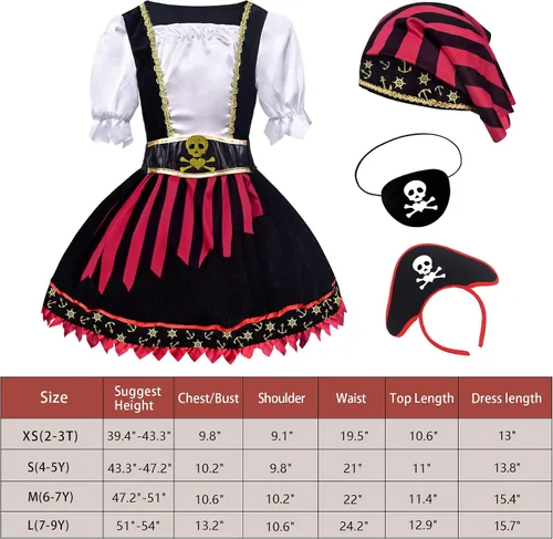Vista 2 de ZZIHA Disfraz de pirata para niñas, vestido de princesa pirata, disfraz de bucanero de mar, 3-9 años
