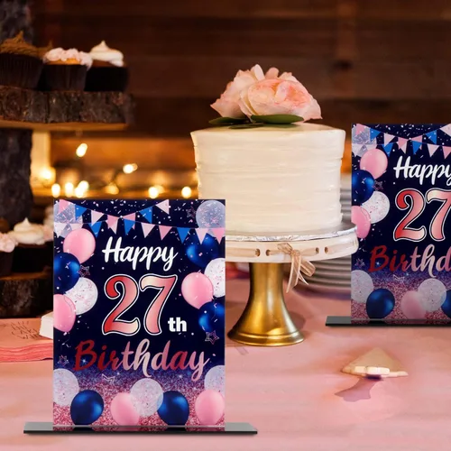 Vista 105 de LINGTEER Decoraciones de feliz cumpleaños número 11, 2 piezas de soporte de acrílico con impresión de pie rosa y azul, tablero de telón de fondo