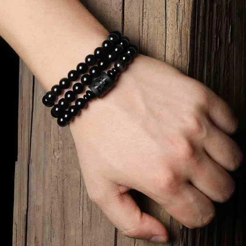 Vista 4 de KIOMOY Pulsera de obsidiana de cristal grabado con dragón o fénix totem cilindro cuentas hombres o mujeres cadena de piedra natural famosa moda 12MM
