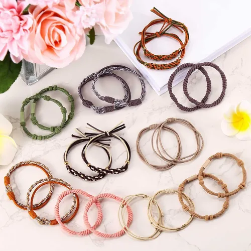 Vista 4 de 20 lazos de pelo boho en 5 estilos, 10 colores - Lindas pulseras para cabello delgado y grueso, elásticos sin daños
