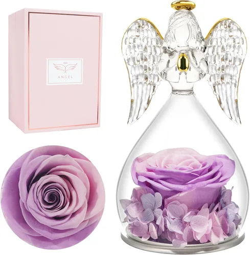 Vista 28 de Miofula Regalos para mamá, regalos de cumpleaños para mujeres, flores preservadas en figuras de ángel de cristal, flores frescas para entrega, Rosa