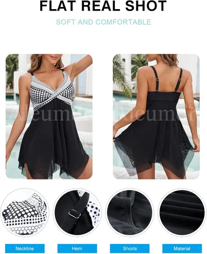 Vista 5 de Aleumdr Traje de baño retro con estampado de lunares para mujer, tankini de dos piezas con parte inferior de bikini