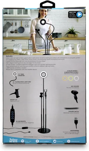 Vista 5 de Bower Kit de luz de anillo flexible de 24 pulgadas con soporte para teléfono, soporte para micrófono, control remoto en línea, alimentado por USB, 3