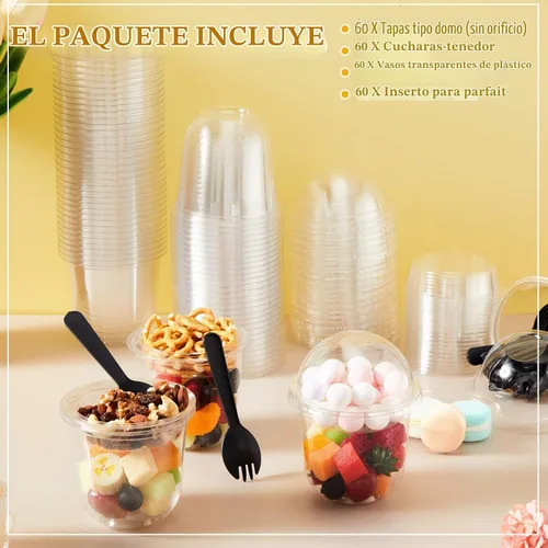 Vista 5 de 60 paquetes de tazas de postre transparentes de plástico con tapas de cúpula sin agujero, desechables, con cuchara-tenedor insertado, redondas