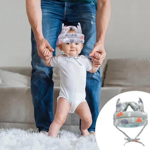 Vista 3 de Casco de bebé, casco ajustable para bebé, ligero y suave, sin golpes, cojín de seguridad para la cabeza, gorra protectora ajustable, gorro de Gris