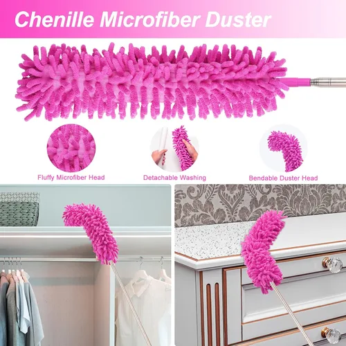 Vista 4 de Plumeros de microfibra para limpieza, plumeros con poste de extensión, plumeros flexibles y lavables para ventiladores de techo alto, persianas