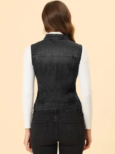Vista 4 de Allegra K Chaleco de mezclilla lavado con botones para mujer, con bolsillos con solapa en el pecho