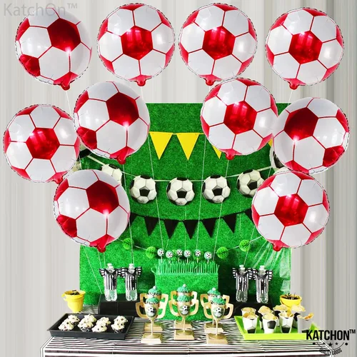 Vista 3 de Paquete de 20 globos metálicos de fútbol de 18 pulgadas, suministros de fiesta de cumpleaños de fútbol, globos redondos de papel de aluminio de bola