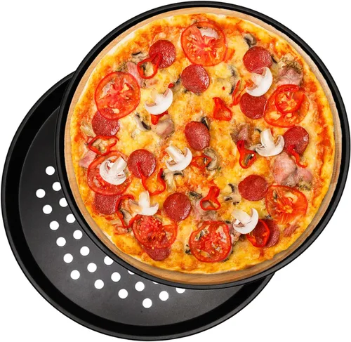 Vista 4 de Sartén redonda de pizza de 10 pulgadas con agujeros, sartenes de acero al carbono para pizza congelada y casera, bandeja de pizza antiadherente